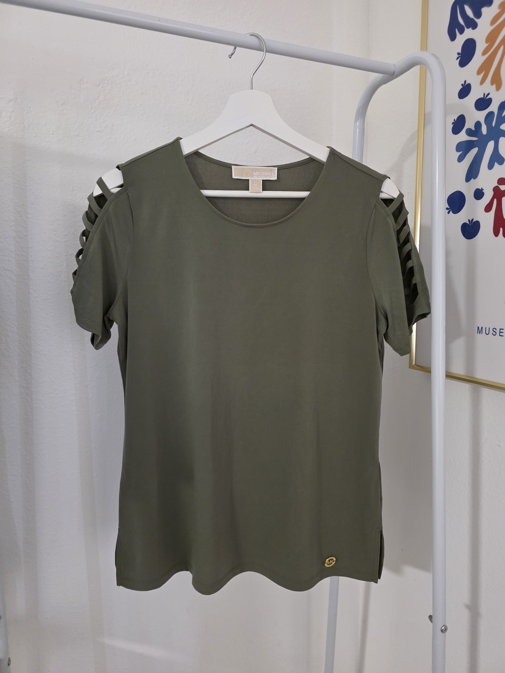 MICHAEL Michael Kors Olive Cold-Shoulder Short Sleeve Top with Ladder Cutouts
